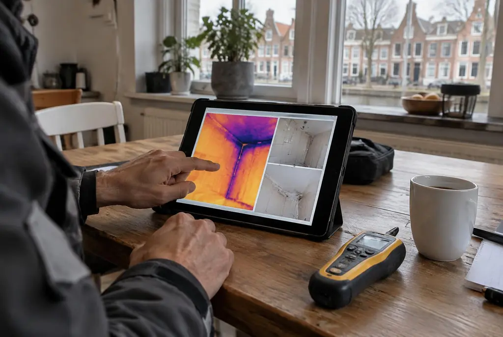 Lekdetectie Nieuwveen – lekdetectierapport met warmtebeelden en foto's op een tablet