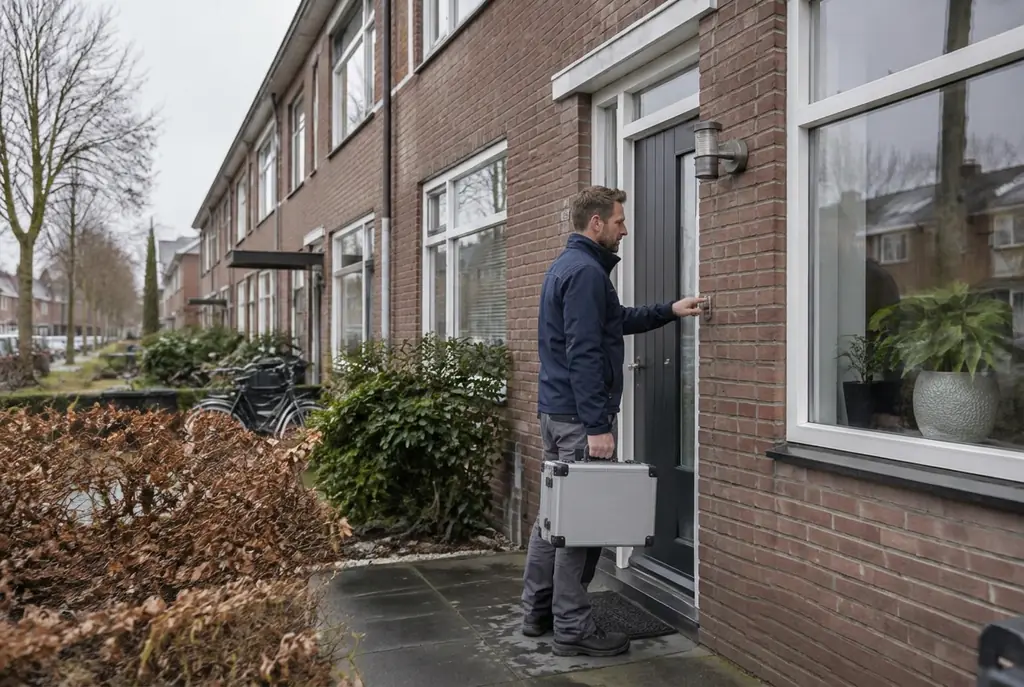 Lekdetectiespecialist met meetkoffer bij de voordeur van een woning in Nieuwveen